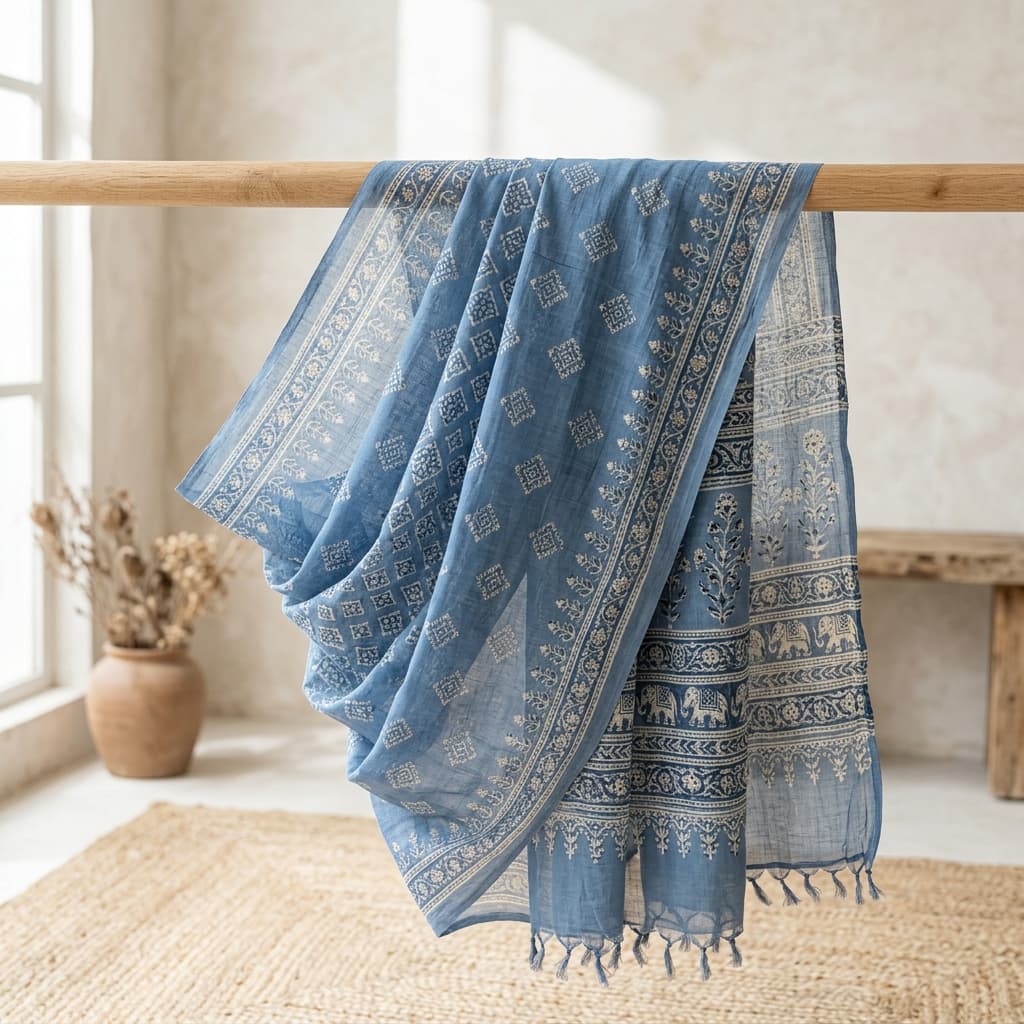 Handwoven Jaipuri mulmul cotton saree in soft indigo block-print — Diksha
